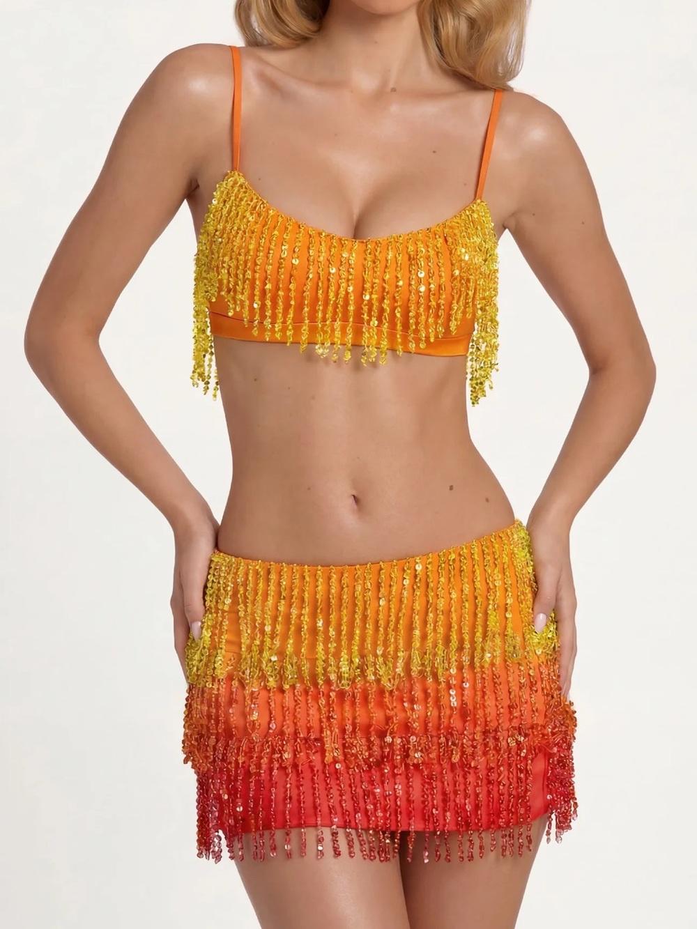 Oh Polly Yellow Orange Red Sequin Fringe Crop Top & Skirt Set - Picture 3 of 7